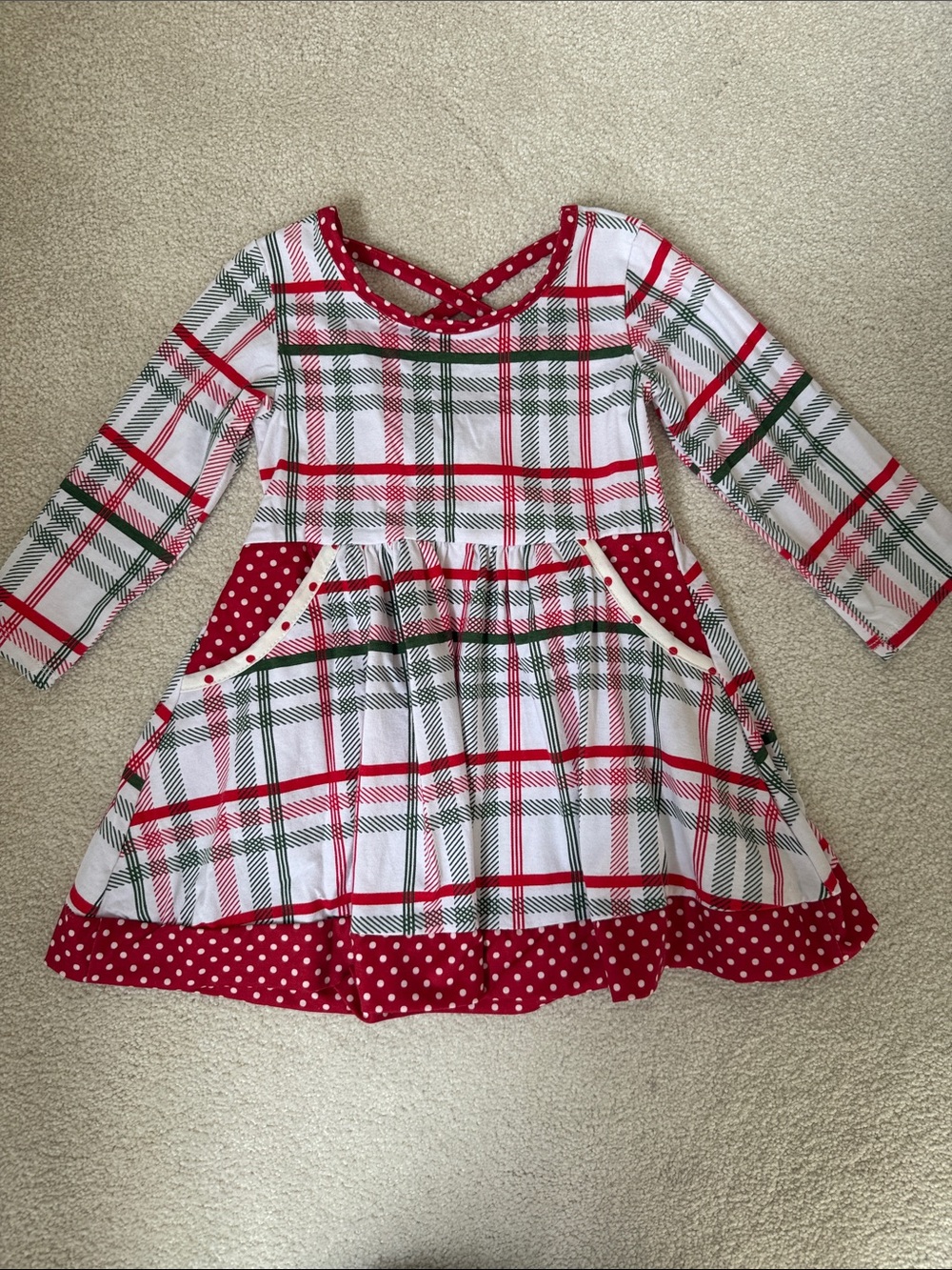 Girls Red & White Plaid Long-Sleeve Holiday Dress with Polka Dot Trim
